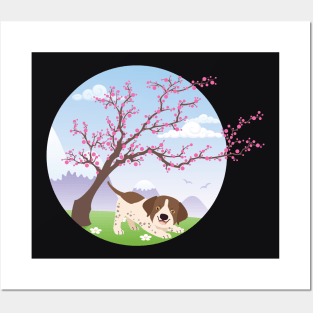 German Shorthaired Pointer Puppy with Spring Blossom Tree Posters and Art